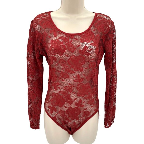 Victoria's Secret Women's Burgundy Sheer Rose Print Stretch Bodysuit Size Small - Picture 1 of 12